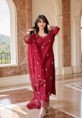 Elegant Maroon Embroidered Silk Kurta Pant Set with Organza Dupatta for Women