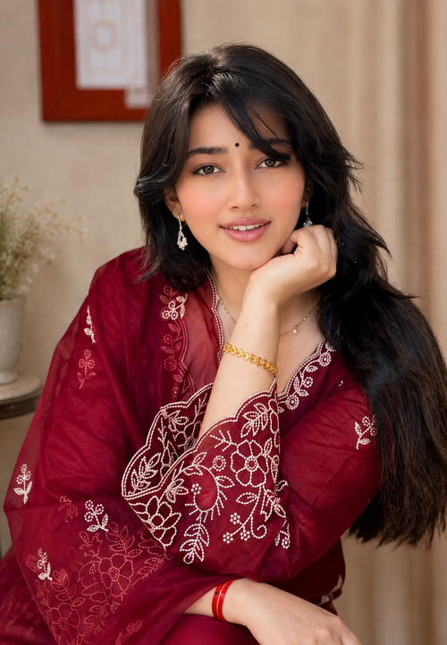 Elegant Maroon Embroidered Silk Kurta Pant Set with Organza Dupatta for Women