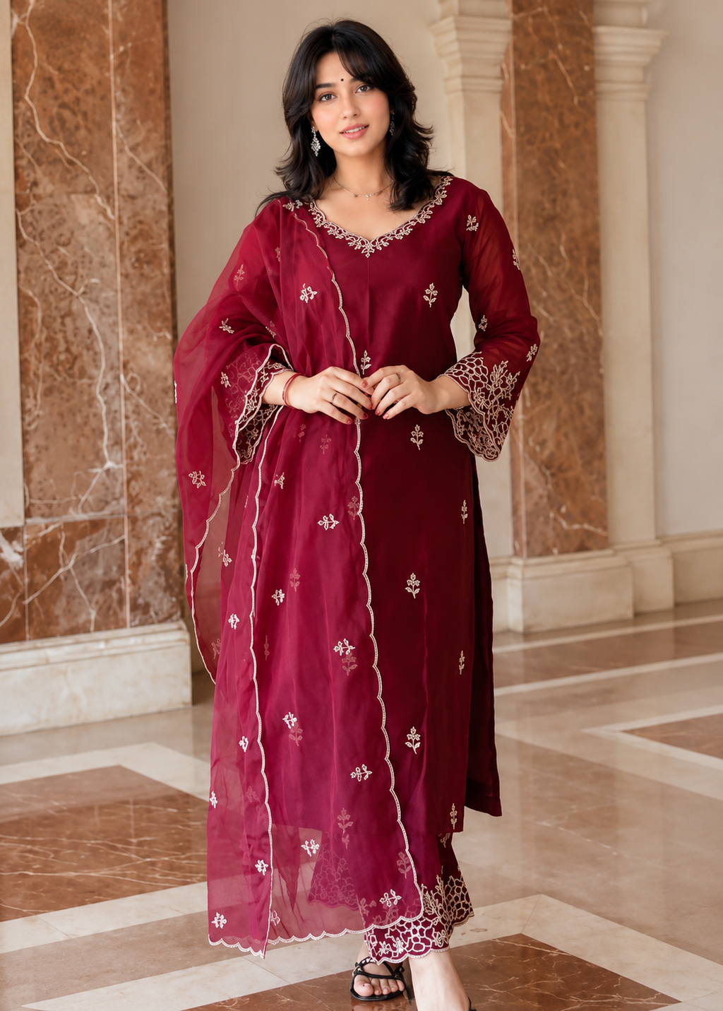 Elegant Maroon Embroidered Silk Kurta Pant Set with Organza Dupatta for Women