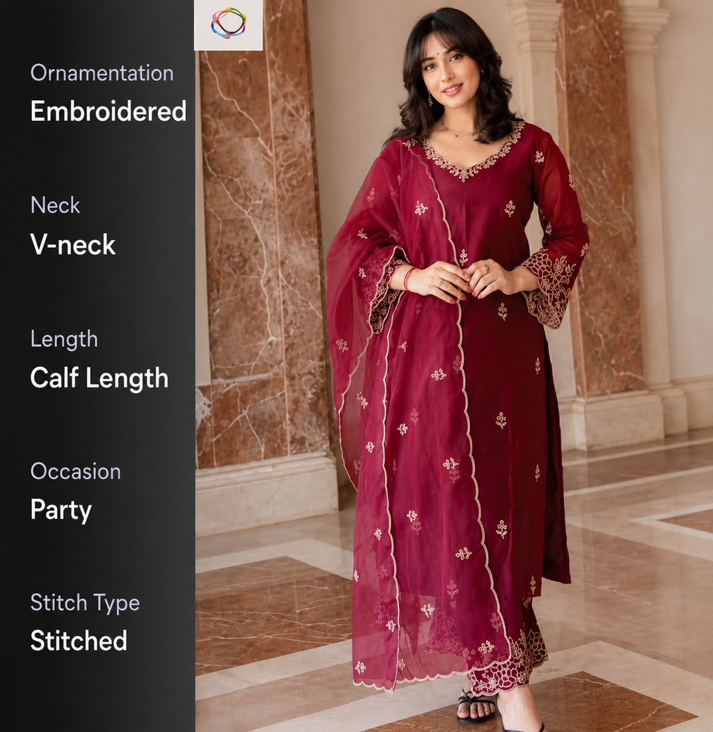 Elegant Maroon Embroidered Silk Kurta Pant Set with Organza Dupatta for Women