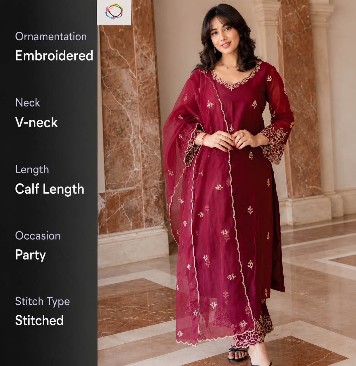 Elegant Maroon Embroidered Silk Kurta Pant Set with Organza Dupatta for Women